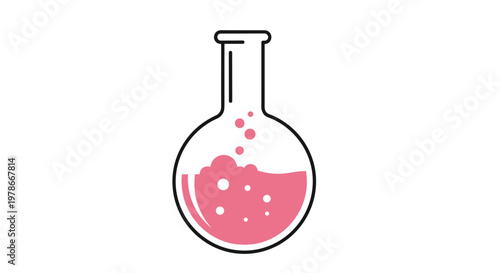 Round glass laboratory flask filled with bubbling pink chemical liquid as a simple flat vector icon illustration.