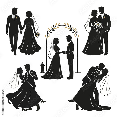 Collection of elegant wedding silhouettes featuring bride and groom in various romantic poses and scenes with decorative arch.