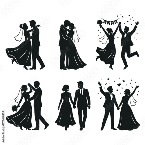 A set of black wedding silhouettes depicting romantic couples in various poses, including kissing, dancing, and celebrating, against a clean white background with elegant and minimalist