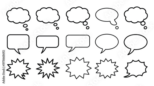 Comic style bubbles including thought clouds speech ovals and starburst exclamations arranged in a simple grid layout, clean vector illustration set for comics, messaging interfaces, storytelling and 