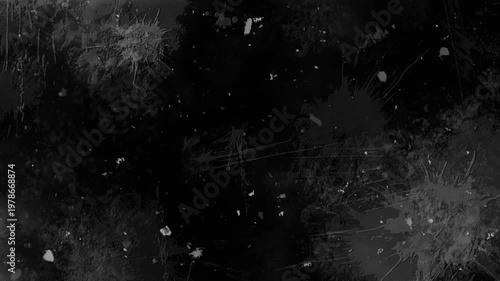 4K Cinematic dark grunge texture overlay featuring chaotic white paint splatters, messy drops, and scattered debris on a black background for VFX compositing.