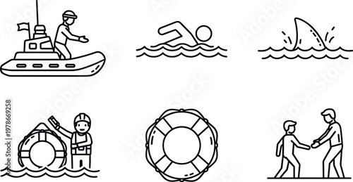 Water Safety and Rescue Line Icons Set Lifeguard Swimming Shark Life Buoy Emergency Vector Illustration Collection