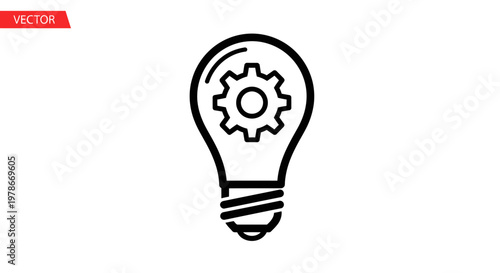The light bulb features a gear inside on a white background with a minimalist design element.