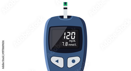 A digital blood glucose meter displaying a reading on its screen