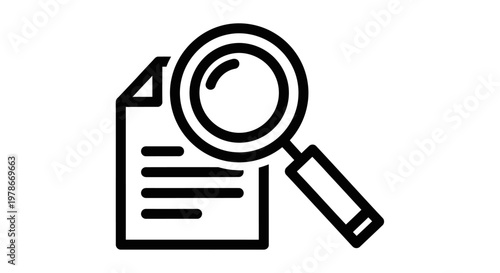 A graphic illustration of a magnifying glass examining a document with lines, representing investigation and analysis in a simple style.