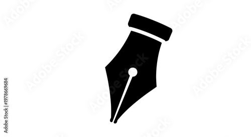 A detailed illustration of a fountain pen nib drawn in black on a white background, showcasing its metal tip and ink hole clearly.