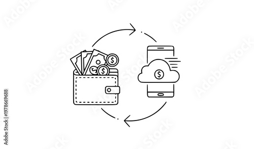 Modern money transfer outline icon with wallet banknotes coins and circular arrows financial flow vector design