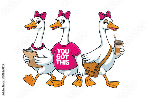 Three cartoon geese each with unique accessories and expressions parade forward with positive messages on transparent background high-quality professional detailed.