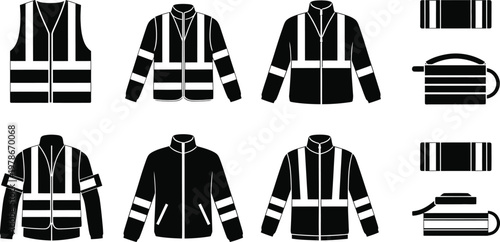Safety vests and jackets collection a black and white illustration of high visibility workwear for construction and roadside use