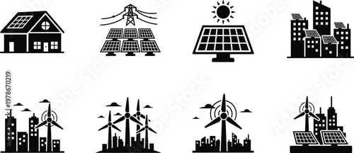 Sustainable city icons a collection depicting renewable energy sources and urban development for a greener future
