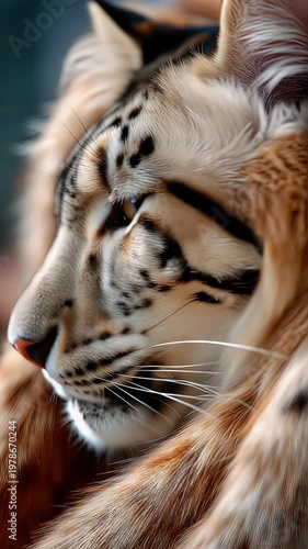 Closeup of snow leopard fur and face detail with spotted pattern and soft natural texture