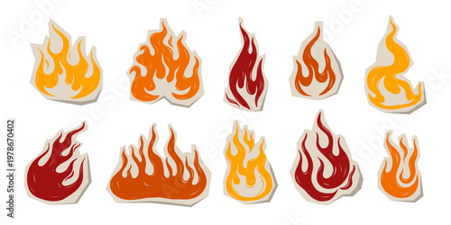 Hand drawn grunge fire flame doodle collection in cartoon style. Cutout paper scrapbook textured sketch. Isolated vector illustration.