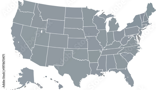 Map of United States with state borders on transparent background for geography and travel purposes