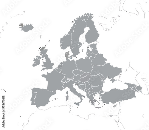 Gray map of Europe with country borders on white background  European continent illustration