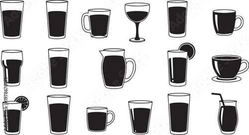 Collection of various black drinks in different glasses and cups