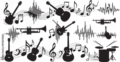 Musical Instruments and Notes in Black on White Background