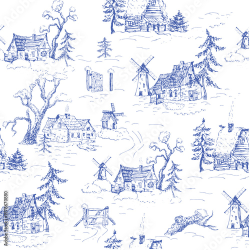 Winter landscape with rural houses, cottages under fir trees, blue toile de Jouy pattern for wallpaper, fabric.