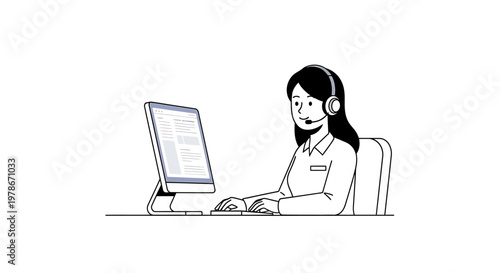 Professional online customer service agent with headset working at computer, delivering remote support and assistance, illustrating dedicated communication