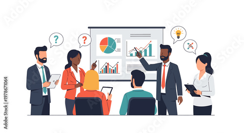 Diverse business professionals engage in a productive meeting, analyzing data charts and collaborating on strategic discussions for growth, problem-solving, and future planning