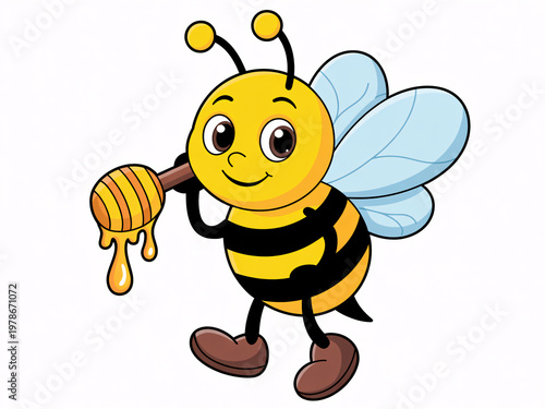 A cartoon bee holding a honey dipper with a smile on its face
