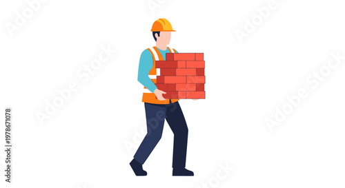 Skilled construction worker in safety gear diligently carrying a heavy stack of red bricks, symbolizing manual labor and progress on a building site