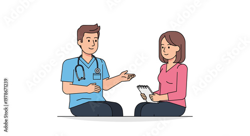 Caring male doctor provides medical consultation and health advice to a female patient, illustrating professional healthcare communication and patient support