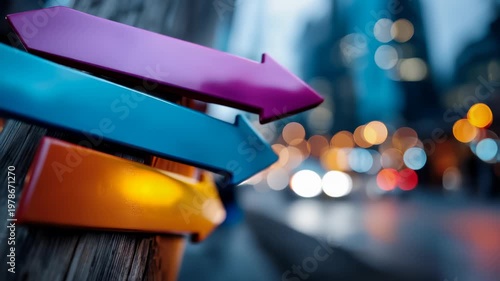 Bright directional signpost with colorful arrows against a city skyline, symbolizing choice, guidance, strategy and decision making