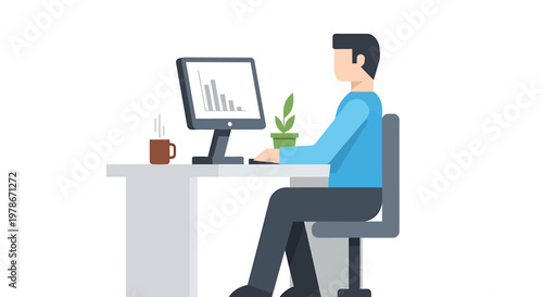 Professional man focused on task, sitting at office desk, diligently working on computer with chart display, illustrating productivity and modern workspace environment