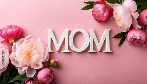 Top view of mom paper letters in white corsive and pink peony flowers bouquet on pink background. Mother's day concept