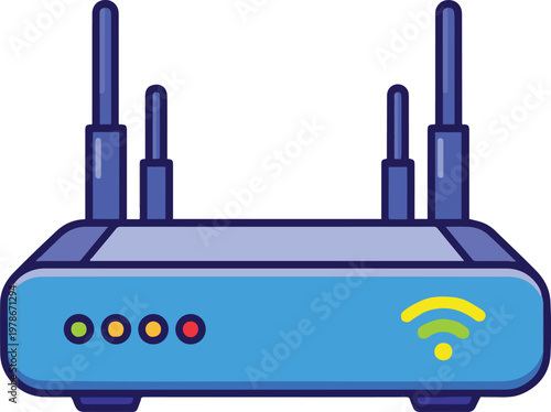 A blue Wi-Fi wireless router with antennas is shown indoors on a surface