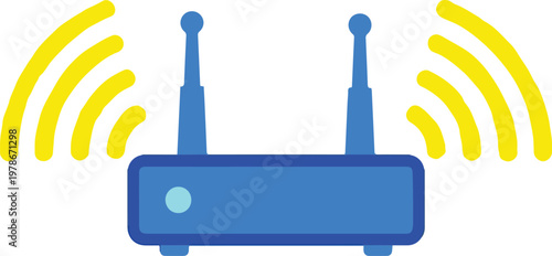 A blue router with two antennas emits yellow Wi-Fi signals outward.