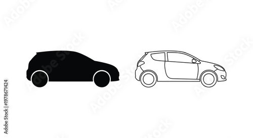 Two depictions of a compact hatchback car one as a dark silhouette