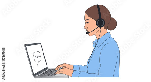 Customer service representative wearing a headset and typing on a laptop with a chat icon on the screen
