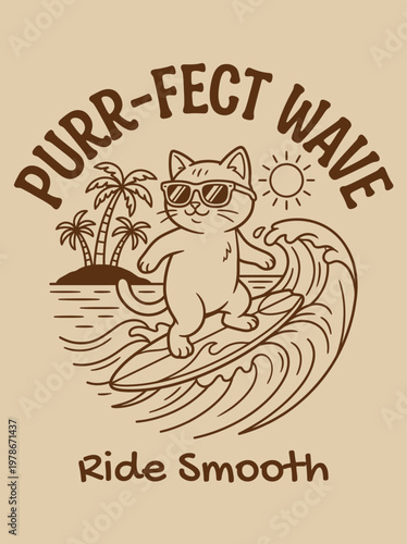 Cat Wearing Sunglasses Surfing Wave.