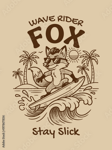 Fox Riding Surfboard on Wave.