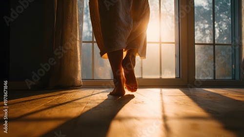 A person stepping outside into the morning glow, mindfully breathing in daylight, representing a circadian reset and renewal.