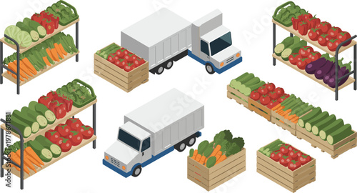 Isometric farmers market vegetable set with delivery trucks crates and fresh produce for retail design