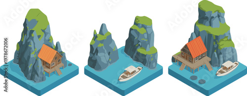 Isometric floating island set with coastal cliffs, wooden houses, and boats