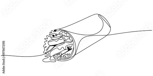 Taco, food, illustration, vector, one line drawing, black and white, minimalist, Mexican cuisine, edible