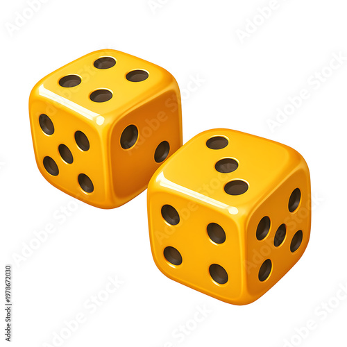 3D glossy yellow dice icon with black dots isolated on transparent background