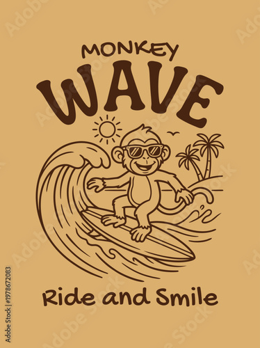 Monkey Riding a Surfboard Wave.