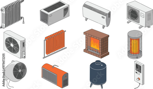 Isometric heating appliances set with radiators, heaters and HVAC equipment