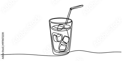 continuous one line drawing Refreshing drink, ice cubes, glass with straw, simple line art, beverage illustration, vector graphics
