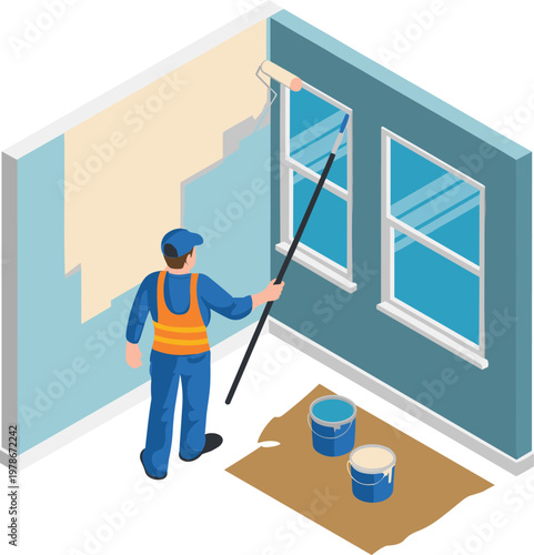 Isometric home renovation painting wall interior worker illustration