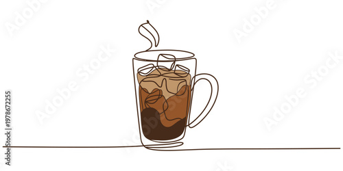 continuous one line drawing Iced coffee, cold brew, glass mug, summer drink, refreshment
