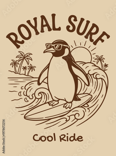 Penguin on surfboard wearing sunglasses.