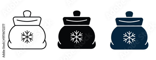 Cooling ice bag with snowflake symbol icon set, cold therapy and cryotherapy symbols for temperature relief and injury treatment, medical recovery equipment icons for healthcare and wellness design.