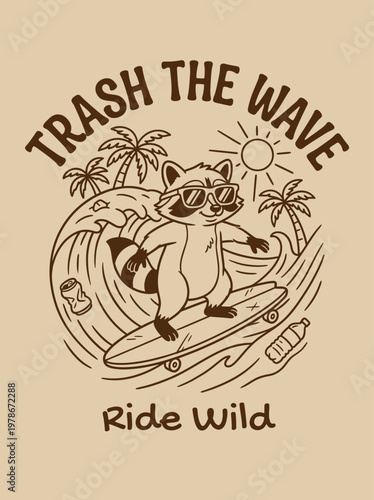 Raccoon surfing on a wave riding.