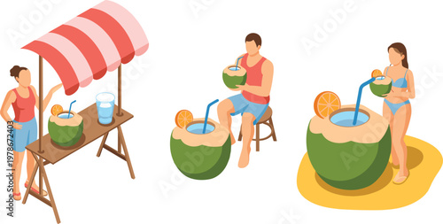 Isometric illustration of coconut water stand and people drinking tropical beverages for summer lifestyle design