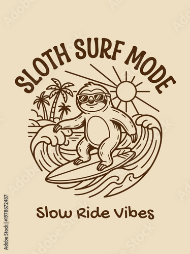 Sloth surfing on wave with sunglasses.